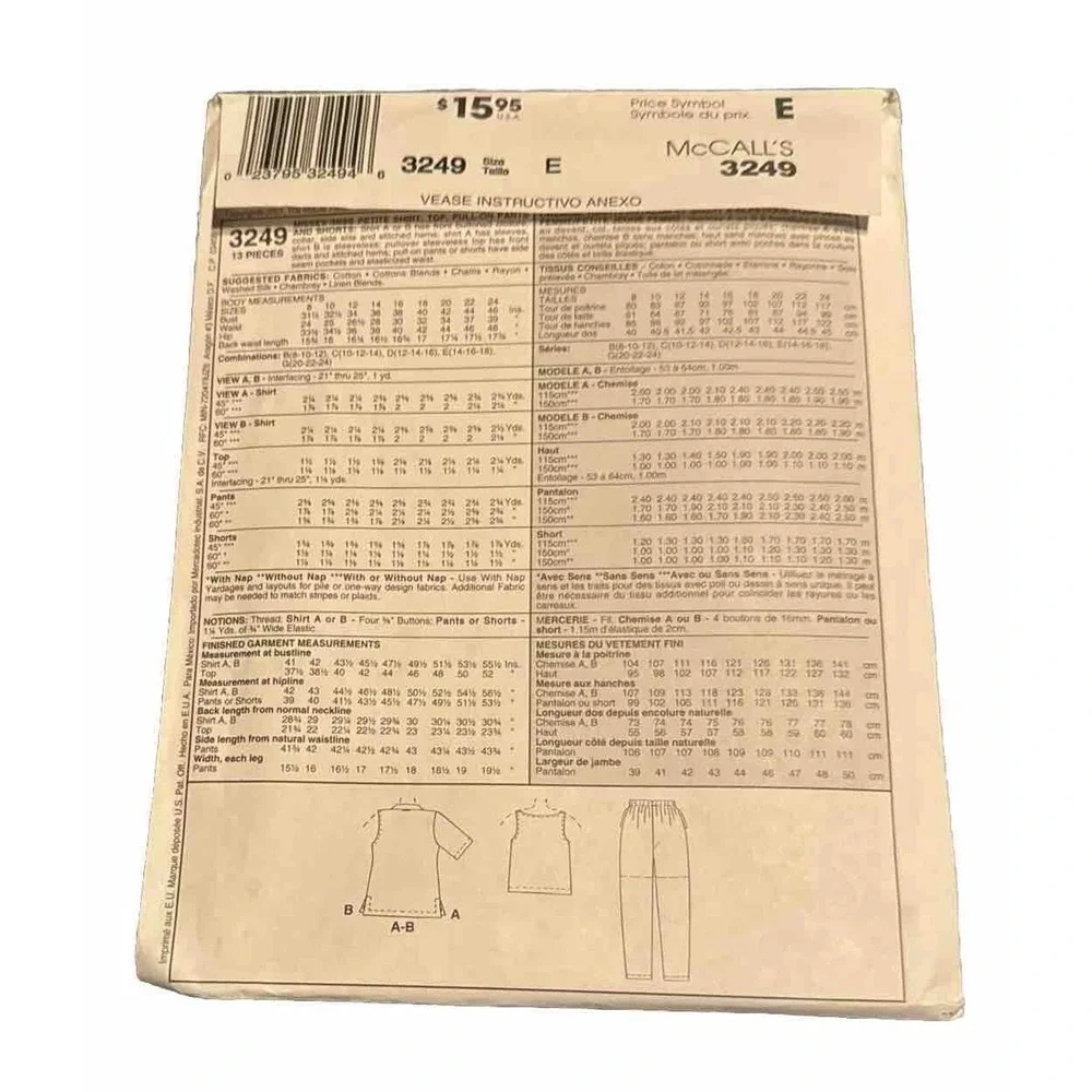 McCalls 3249 Sewing Pattern NEW UNCUT Shirt Pants Top Shorts Size 14 16 18